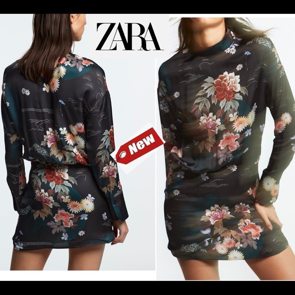 ZARA Black long sleeve floral Camila minidress Sz XS NWT